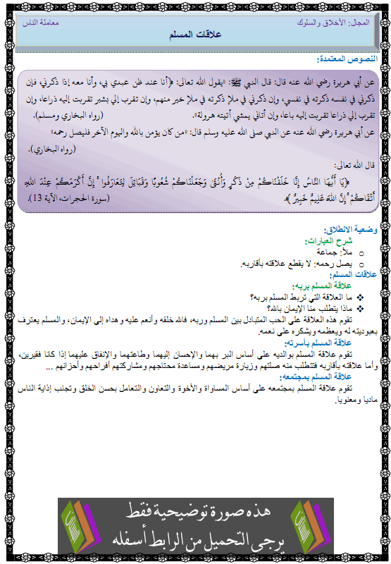 درس علاقات المسلم – الأولى متوسط