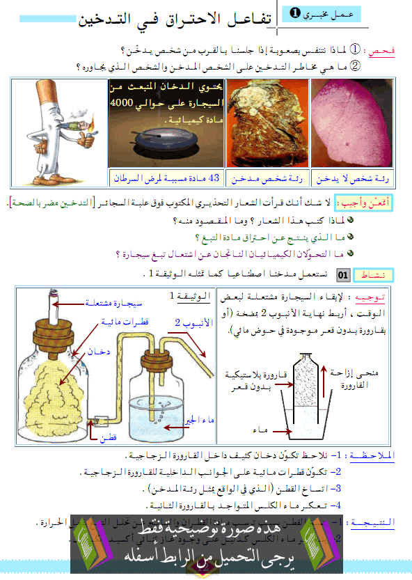 درس العلوم الفيزيائية والتكنولوجيا: تفاعل الاحتراق في التدخين – الثالثة متوسط